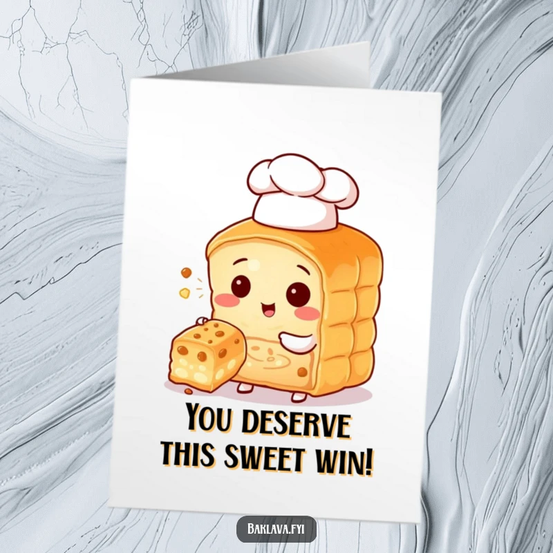 Funny Free Printable Congratulations Card: Baklava character in a chef hat presents a bite of success.