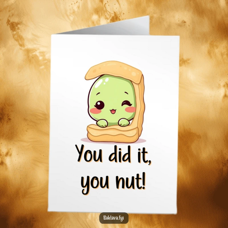 Funny Free Printable Congratulations Card: A small, shy pistachio cautiously peeks out from a delicious baklava layer, celebrating achievement.