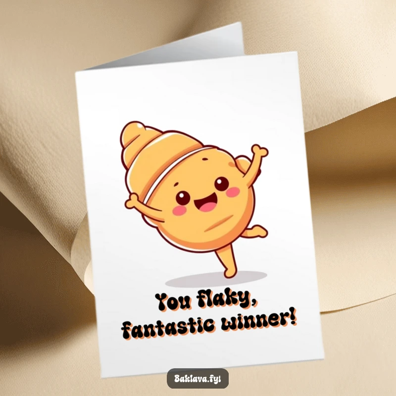 Funny free printable congratulations card showing a happy croissant performing a cartwheel, celebrating achievements with a flourish.