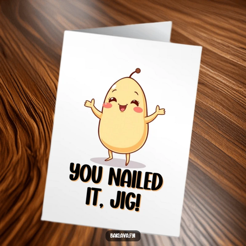 Funny Free Printable Congratulations Card featuring a jolly sesame seed doing a tiny jig, celebrating a win.
