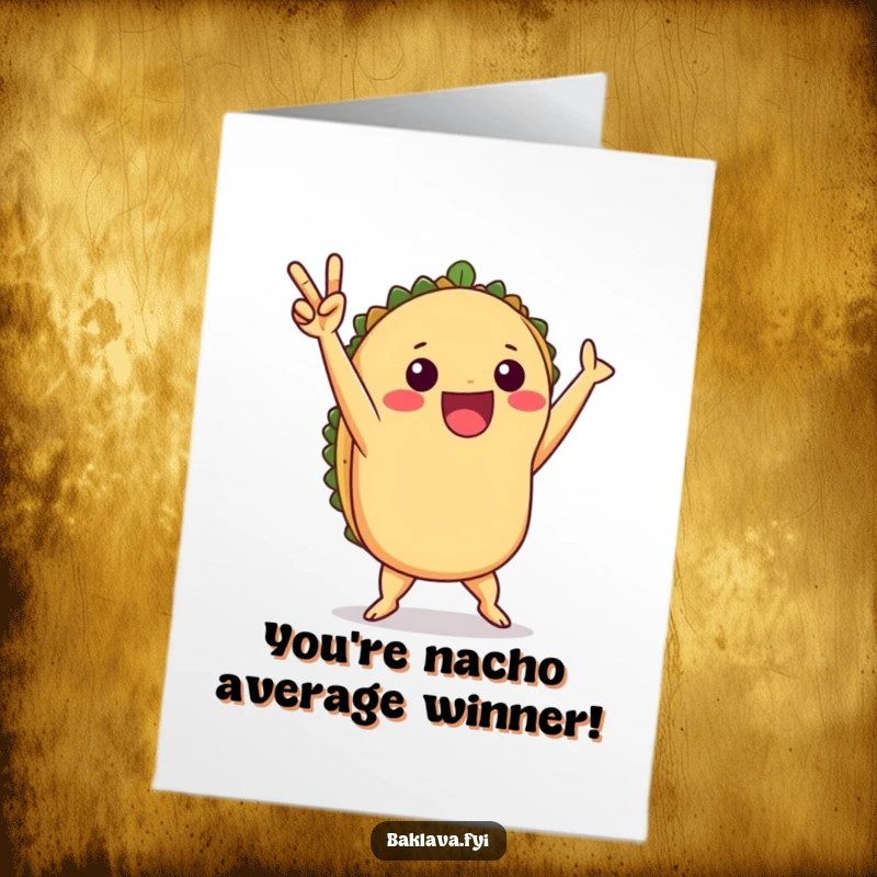 Funny free printable congratulations card showing a playful taco dancing victoriously, celebrating success with a festive flair.