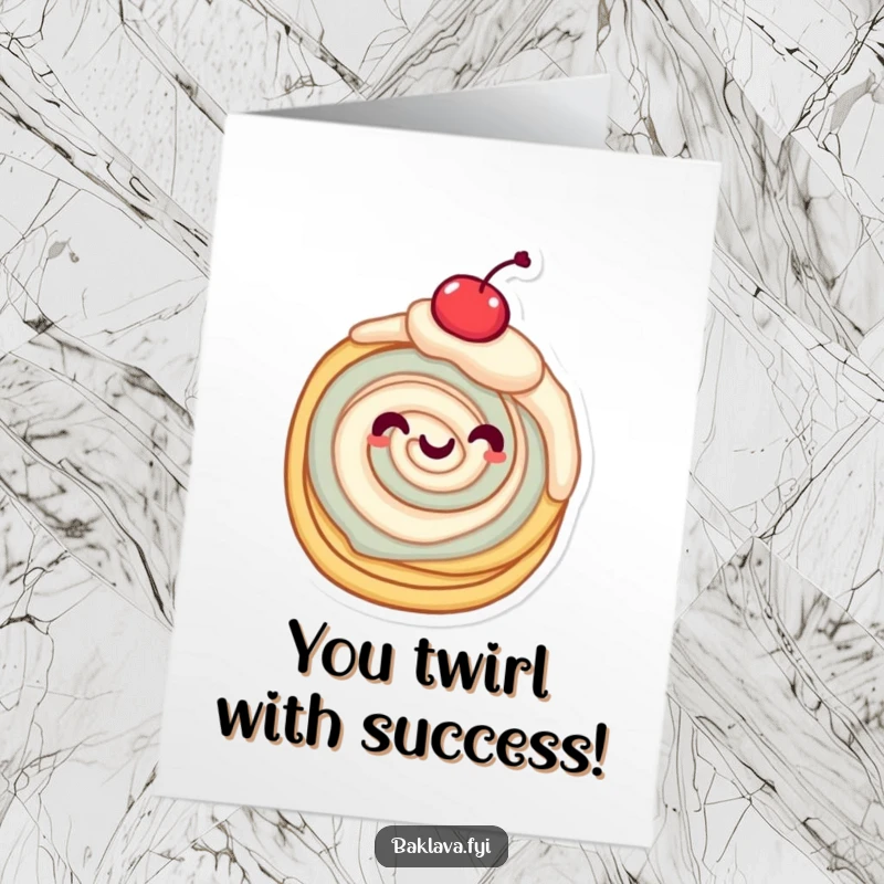 Funny Free Printable Congratulations Card: A layered pastry twirling with a cherry, celebrating a sweet win.