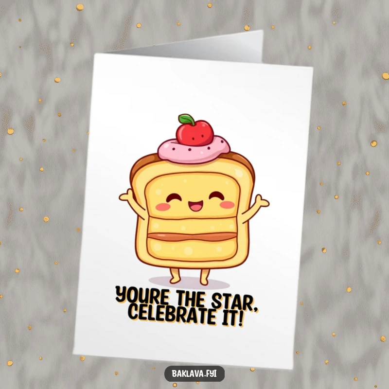 Funny Free Printable Congratulations Card: A happy layered pastry doing a little shimmy, celebrating success with flair.