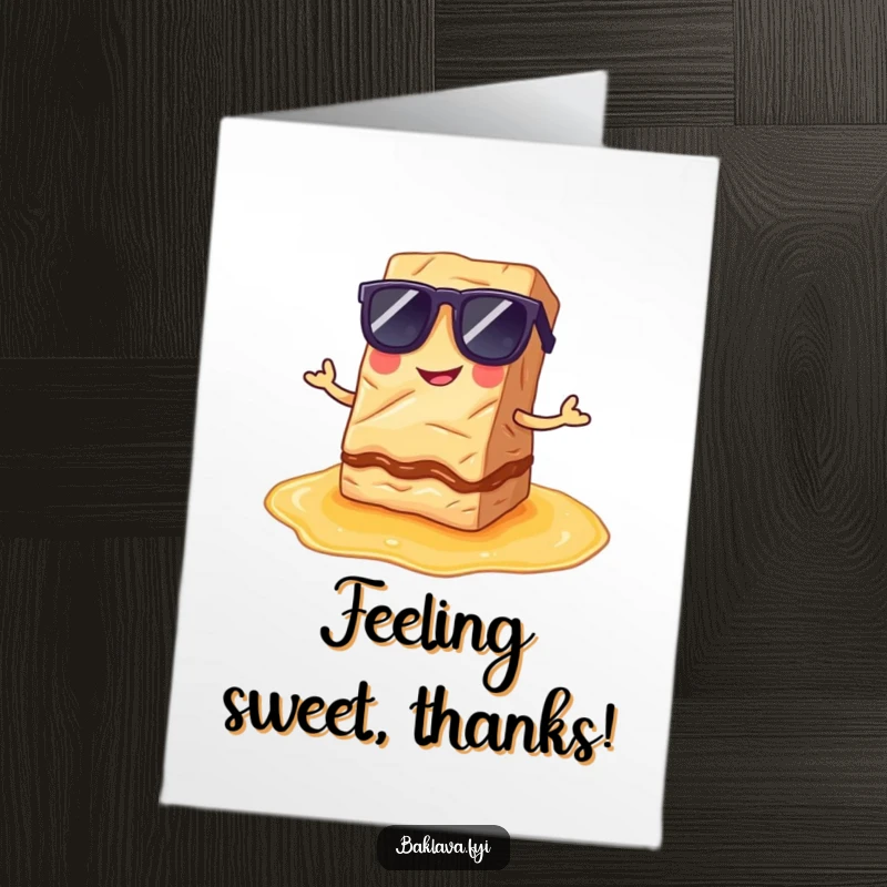Funny Free Printable Thank You Card: Baklava wearing sunglasses poses on syrup, humorously conveying thanks with a cool attitude.
