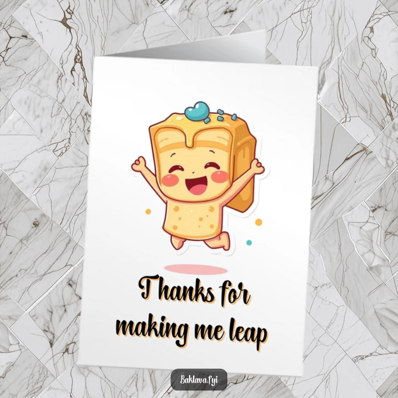 Funny Free Printable Thank You Card with a baklava piece leaping joyfully, conveying thanks with energetic sweetness.
