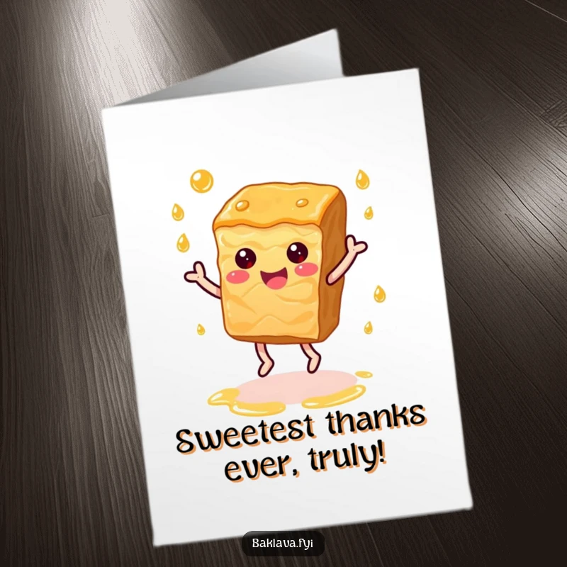 Funny Free Printable Thank You Card: A happy baklava slice dances with syrup droplets, conveying thanks.