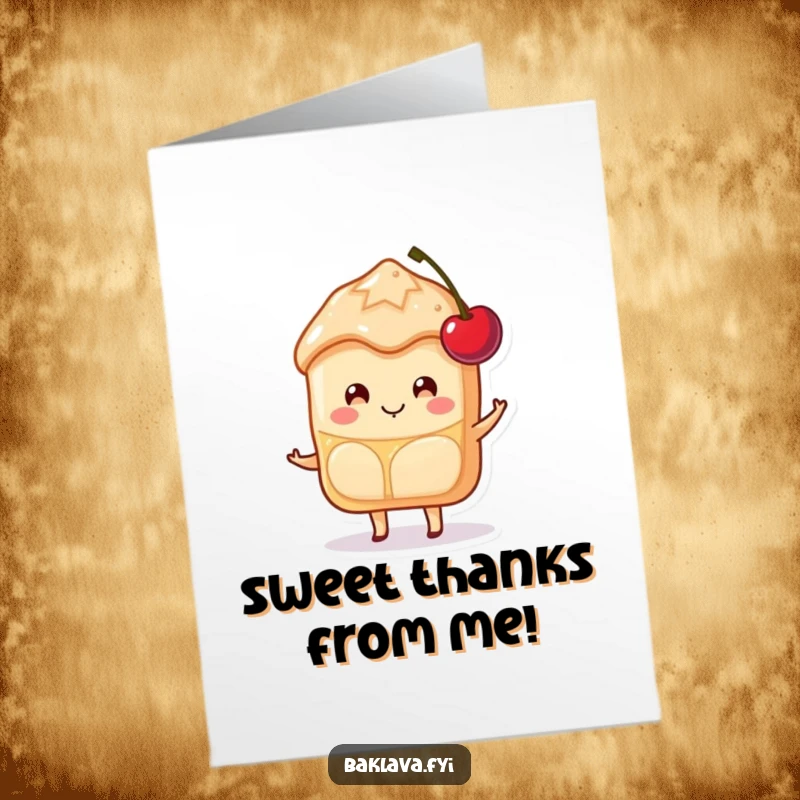 Funny Free Printable Baklava thank you card featuring a happy Baklava slice smiling and balancing a cherry, a sweet way to thank someone.