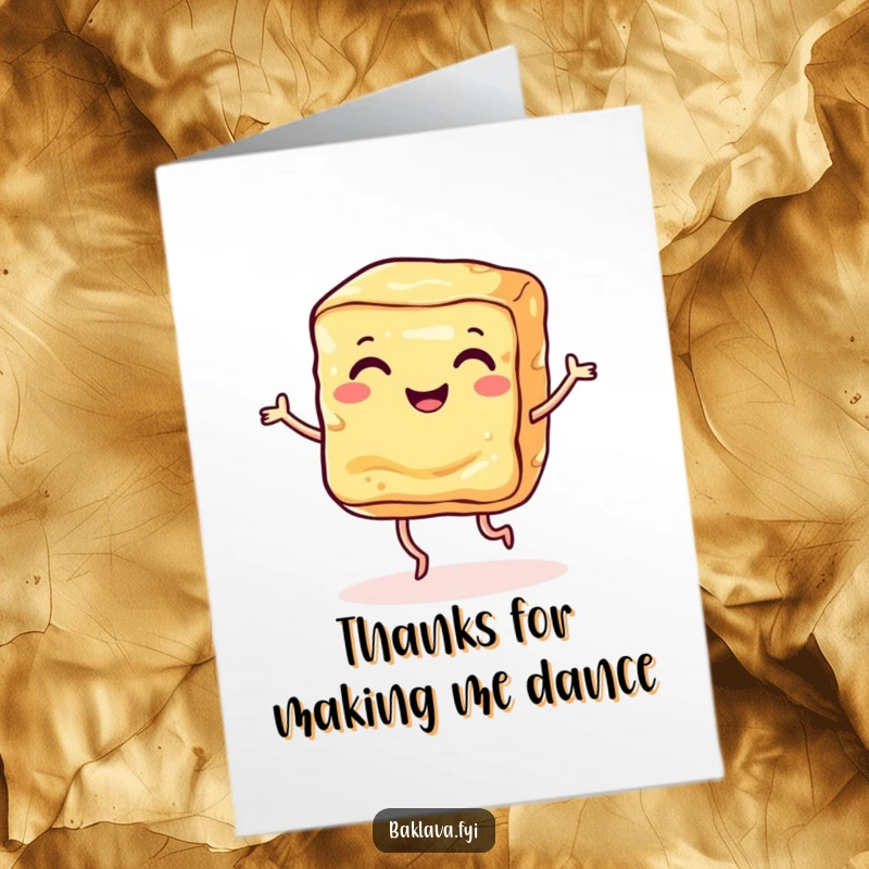 Funny Free Printable Thank You Card: A smiling baklava slice with tiny legs dancing, a unique and humorous way to say thanks. Instant download!