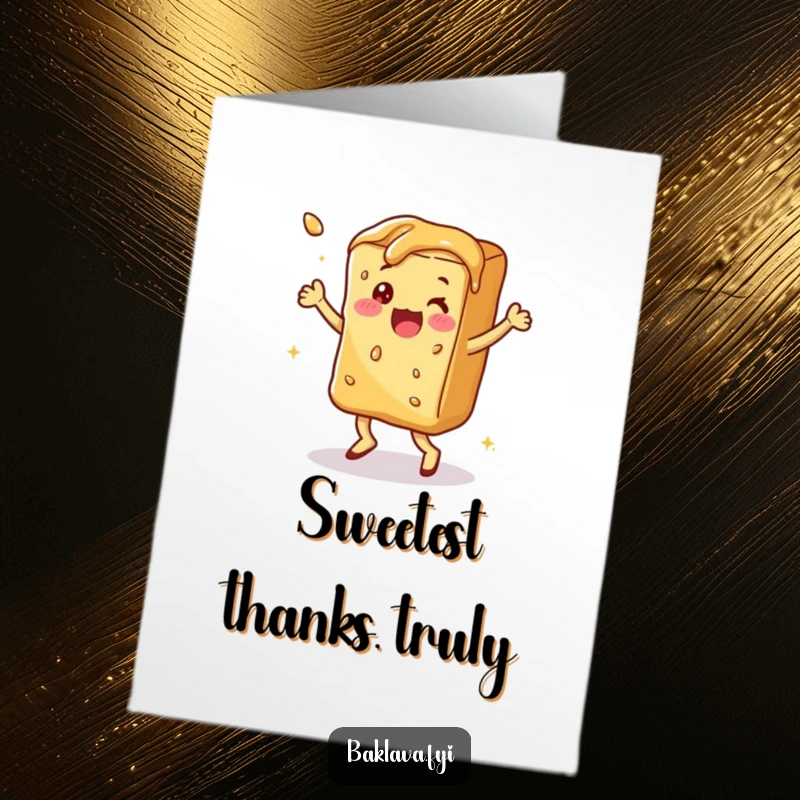 Funny Free Printable Baklava Card: A happy, dancing baklava slice, perfect for a sweet thank you note.