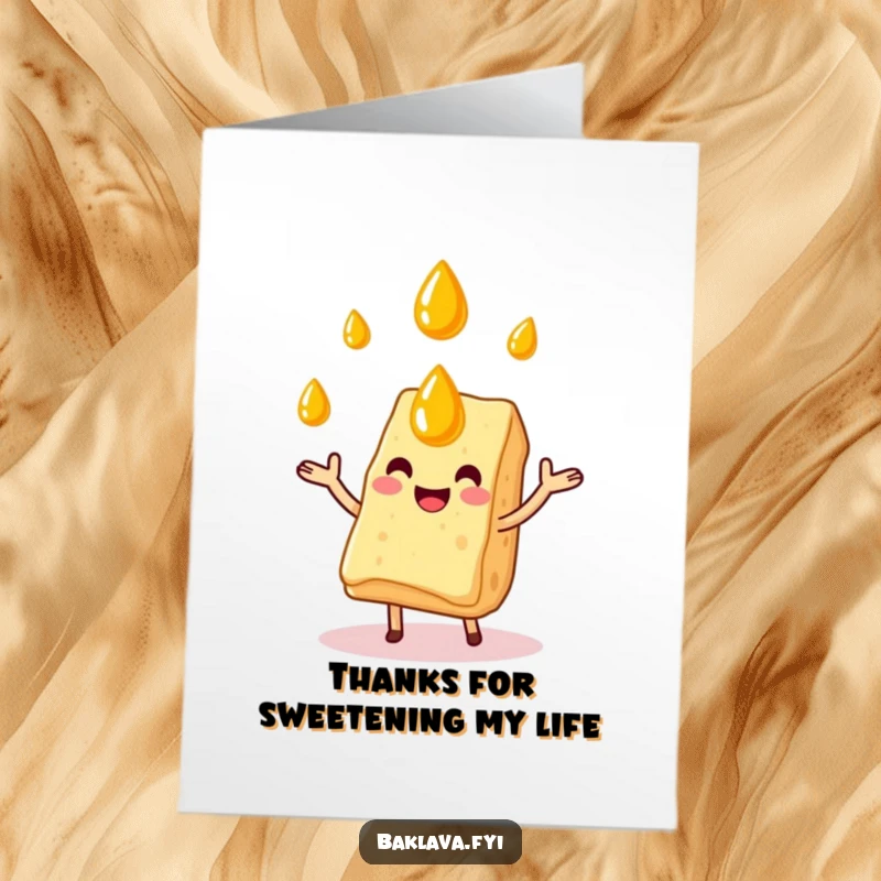 Funny Free Printable Thank You Card: A happy baklava slice skillfully juggling honey drops, a sweet and humorous way to express thanks. Instant download!