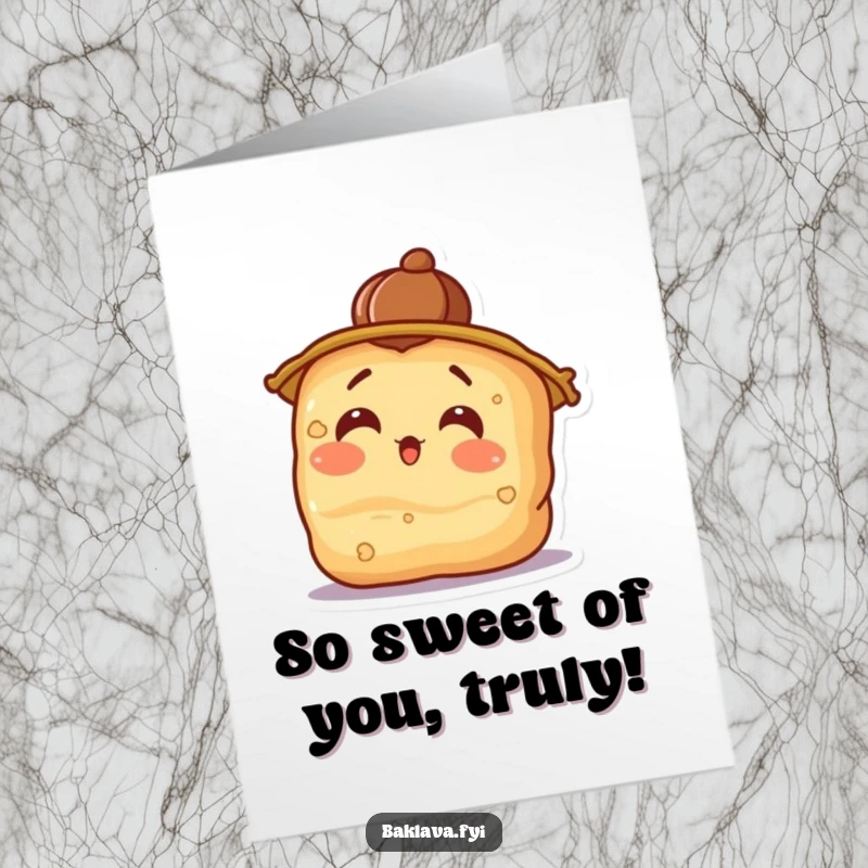 Funny Free Printable Thank You Card: A surprised baklava with a walnut hat tilts its head in gratitude.