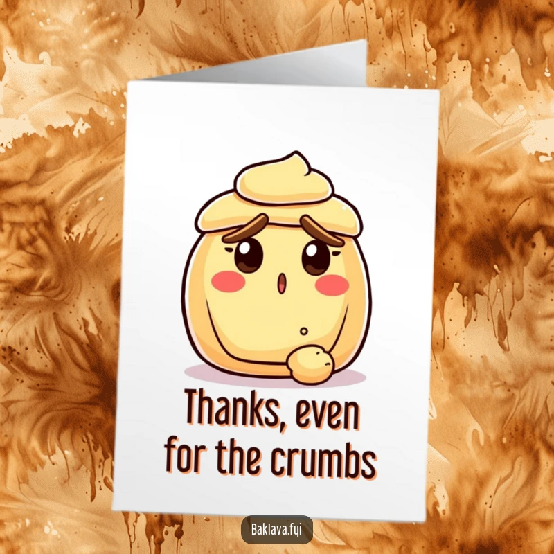 Funny Free Printable Thank You Card: A pastry with raised crust eyebrows looking surprised as a crumb falls.