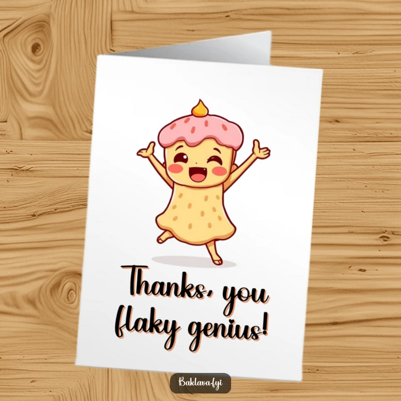 Funny Free Printable Thank You Card: A baklava character busting a triumphant dance move.