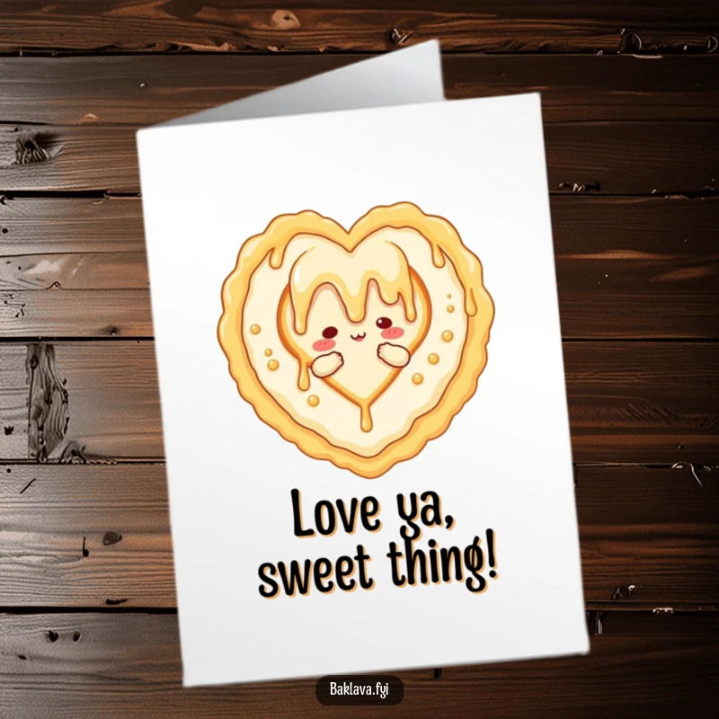 Funny Free Printable Thank You Card: Honey drizzle character forming a loving heart around a baklava piece.