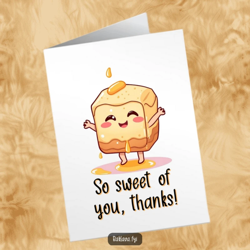Funny Free Printable Thank You Card: A smiling baklava slice dancing with syrup, expressing sweet gratitude.