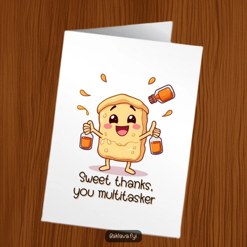 Funny Free Printable Thank You Card, a baklava character juggling syrup bottles with glee, expressing thanks playfully.