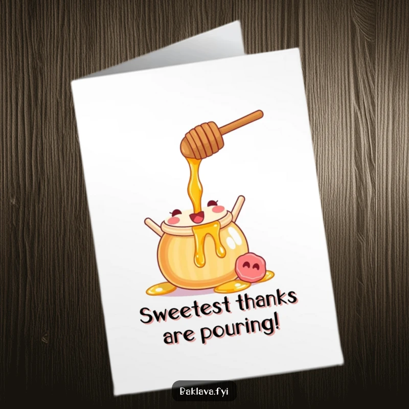 Funny free printable thank you card with a joyful honey pot pouring sweet syrup, expressing appreciation with humor.