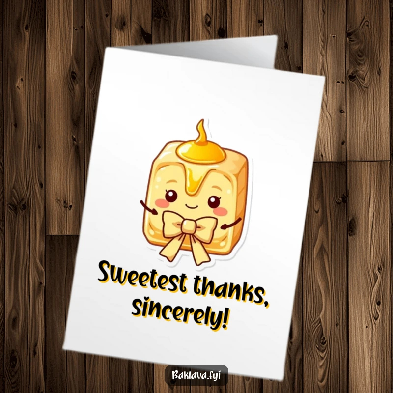 Funny Free Printable Baklava thank you card of a charming slice with golden syrup, presenting a bow, a sweet way to thank someone.