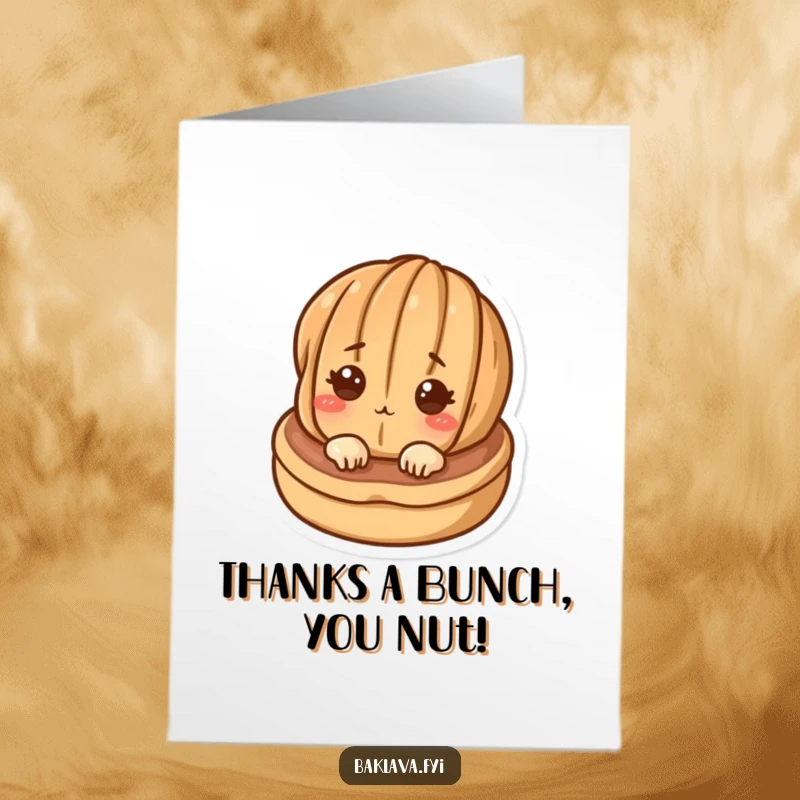 Funny Free Printable Thank You Card with a curious walnut peeking from pastry, expressing heartfelt thanks.