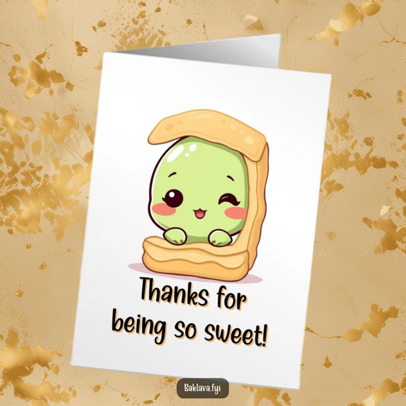 Funny Free Printable Thank You Card: A timid pistachio peeks from a baklava layer, offering a sweet and shy thank you.