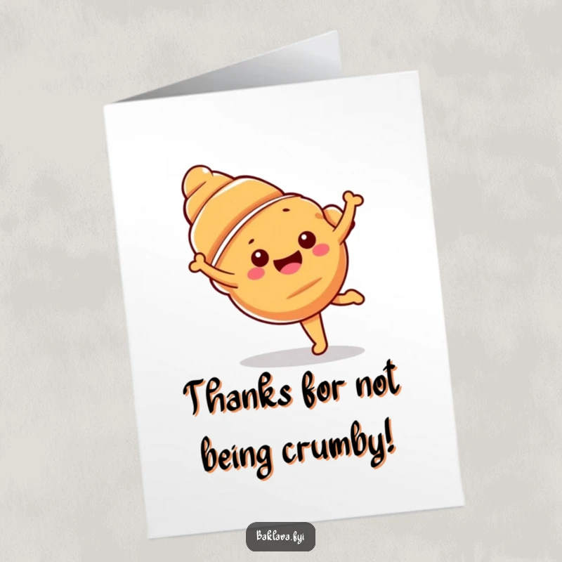 Funny free printable thank you card featuring a happy croissant doing a cartwheel, expressing gratitude with energetic charm.