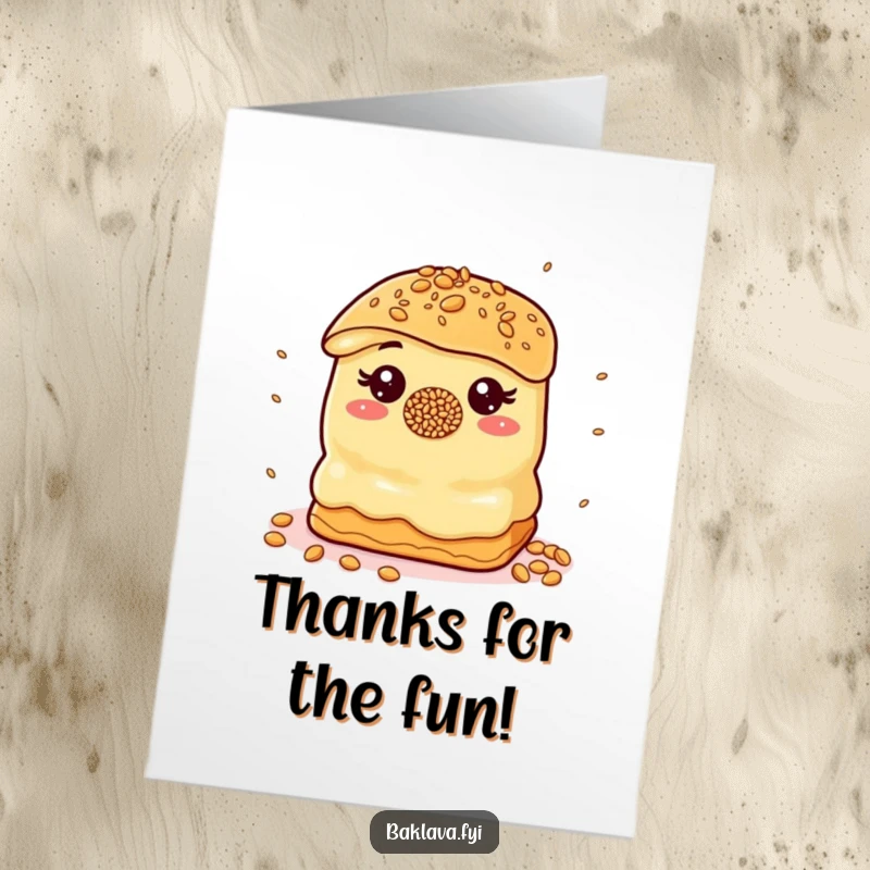Funny Free Printable Thank You Card: Baklava with sprinkle nose juggles sesame seeds, a humorous way to say thank you.