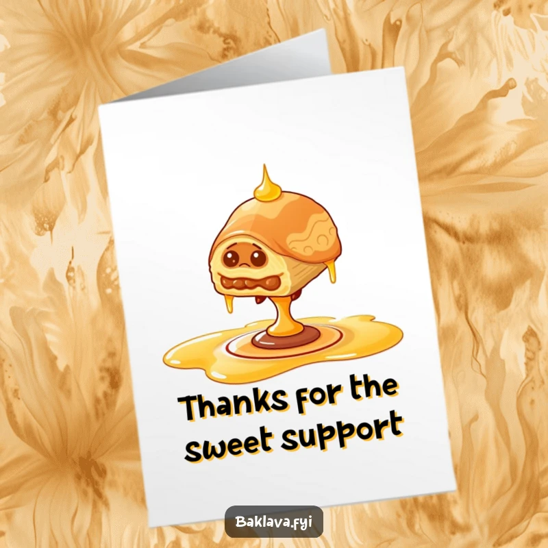 Funny Free Printable Thank You Card: Wobbly baklava attempts to balance on spinning honey drizzle, a sweet thank you.