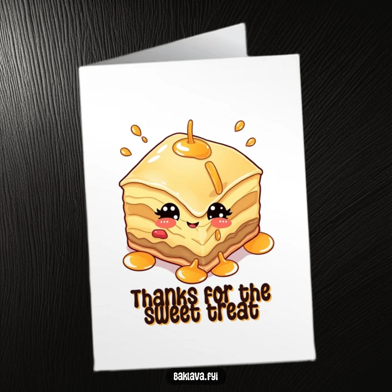Funny Free Printable Thank You Card with a baklava piece winking and juggling syrup, conveying sweet gratitude.