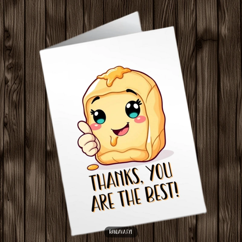 Funny Free Printable Thumbs Up Baklava Thank You Card: Cheerful pastry with syrupy smile giving a thankful thumbs up.