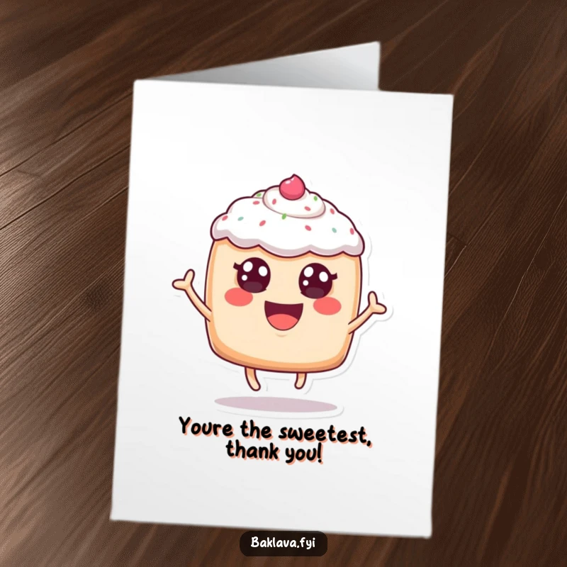 Funny Free Printable Thank You Card: A cheerful pastry with frosting eyes leaping for joy, sending thanks.