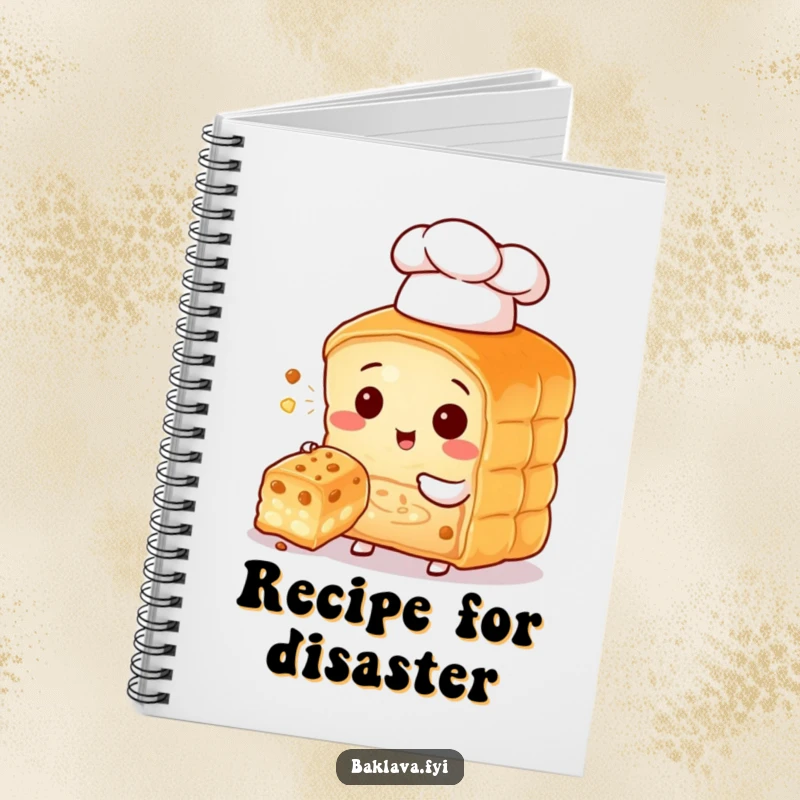 Funny baklava character chef with a small hat, offering a bite, a cute and humorous notebook.