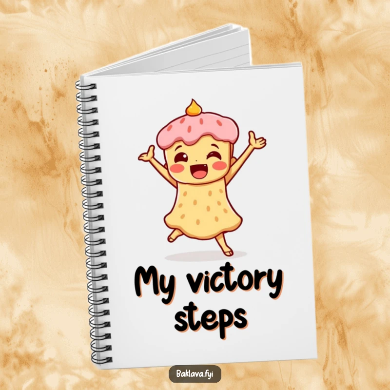 Funny notebook featuring a piece of baklava in a triumphant dance pose, perfect for capturing notes with sweet, celebratory flair.