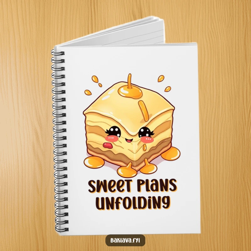 Funny notebook with a baklava character winking and juggling syrup, perfect for jotting down sweet thoughts or recipes.
