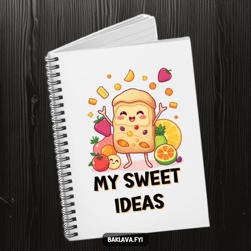 Funny baklava notebook featuring a cheerful character juggling candied fruits, perfect for jotting down notes and ideas joyfully.