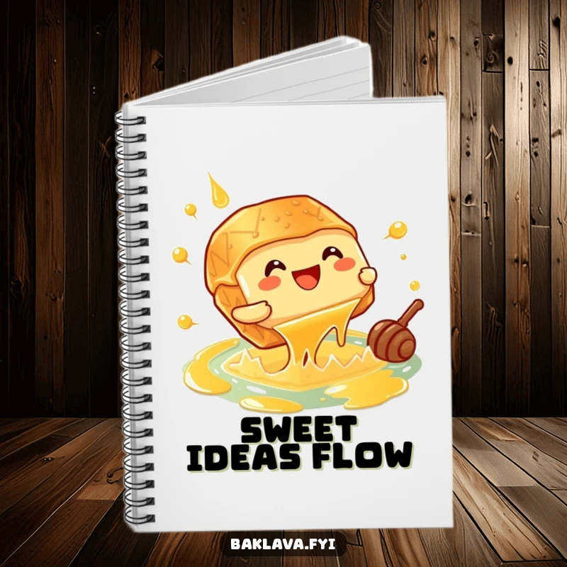 Funny giggling baklava piece doing a cannonball into a honey pool, a notebook for sweet ideas.