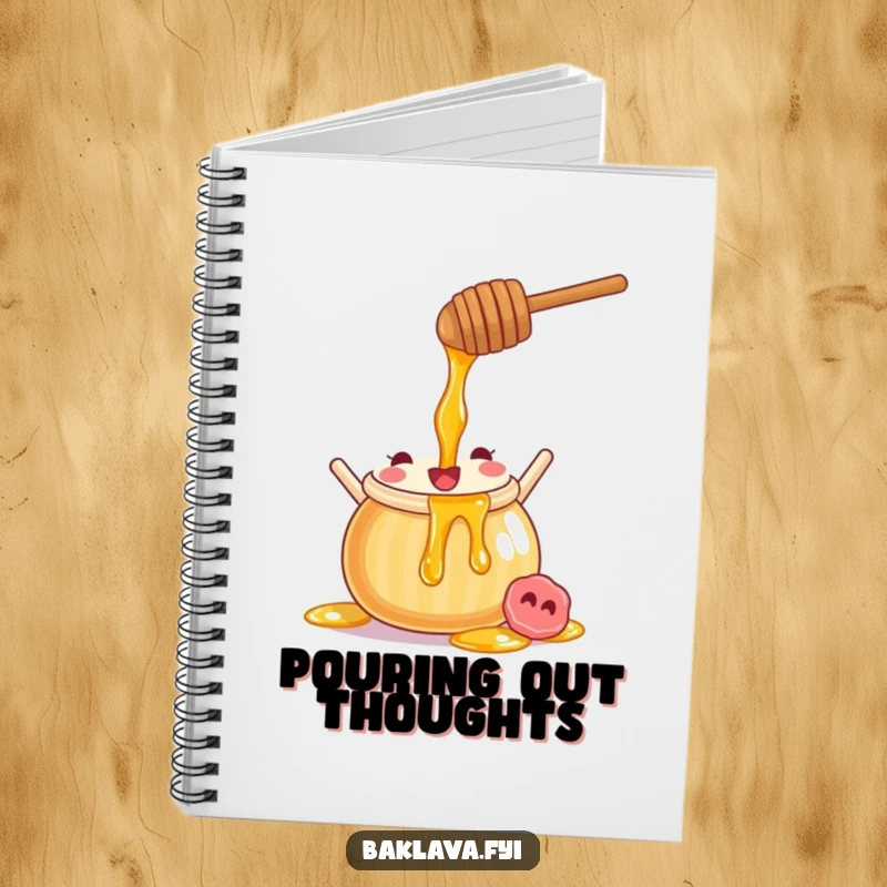 Funny honey pot notebook with a joyful character pouring sweet syrup, perfect for note-taking with a sweet theme.