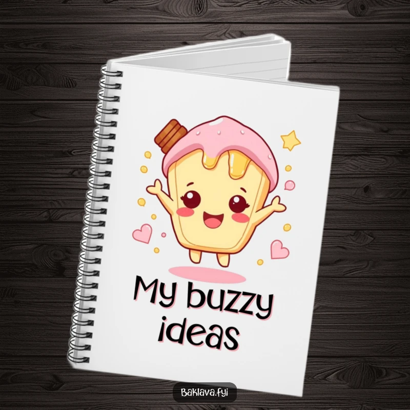 Funny sweet honey pastry character hopping with excitement, a sweet and inspiring funny notebook.