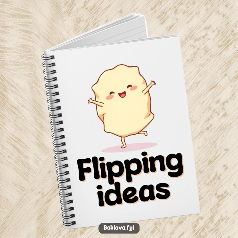 Funny phyllo dough notebook with a cheerful sheet doing a cartwheel, perfect for jotting down notes with a dose of baking humor.