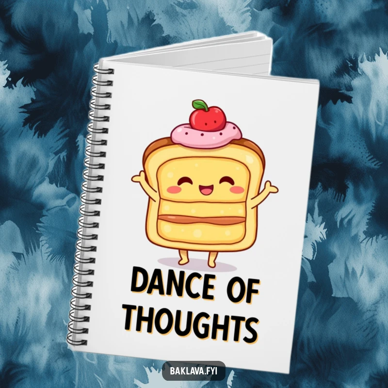 Funny happy, layered pastry doing a little shimmy, on a notebook, designed for jotting down ideas with celebratory baked good humor.