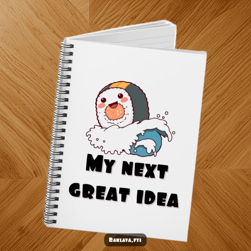 A funny sushi roll character surfing a tiny wave, gracing the cover of a delightful and funny notebook.