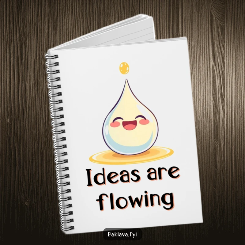 Funny giggling syrup droplet splashing happily on a notebook cover, ideal for humorous journaling and note-taking.