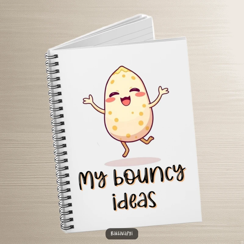 Funny notebook with a cover showing a joyful sesame seed in a dynamic, energetic hop, inspiring creativity and amusement. Useful and humorous stationery.