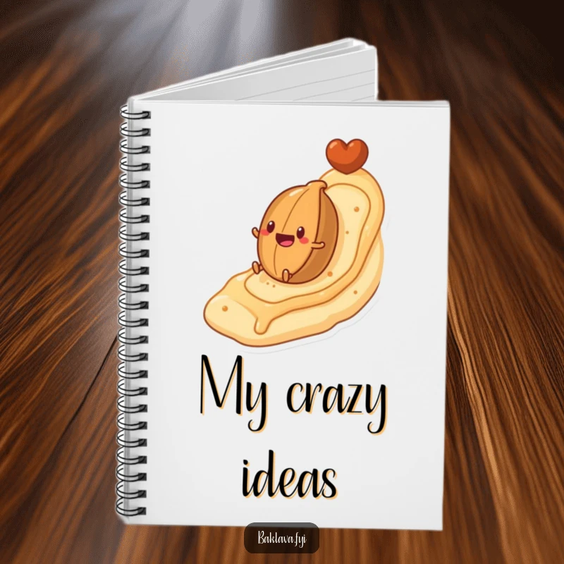 Funny notebook featuring a nut character rolling down a flaky pastry hill, perfect for capturing notes with sweet, humorous flair.
