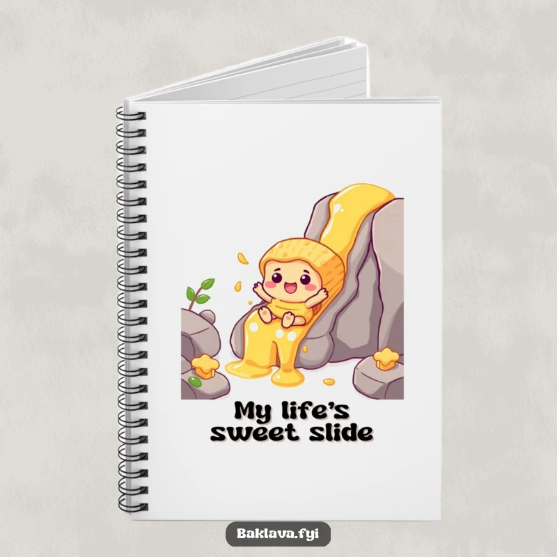 Funny baklava character sliding down a honey waterfall, a humorous and practical notebook.