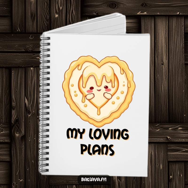 Funny notebook featuring a honey drizzle character forming a heart around baklava, perfect for capturing notes with sweet, loving flair.