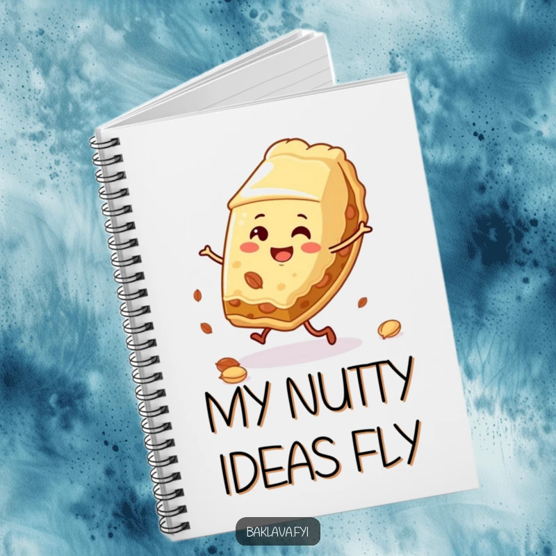 Funny baklava slice notebook performing a cartwheel with scattered nuts, a humorous and practical journal for creative minds.