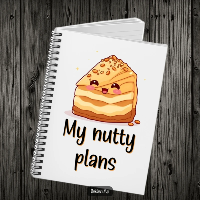 Funny baklava slice character winking with nuts, a sweet and inspiring funny notebook.