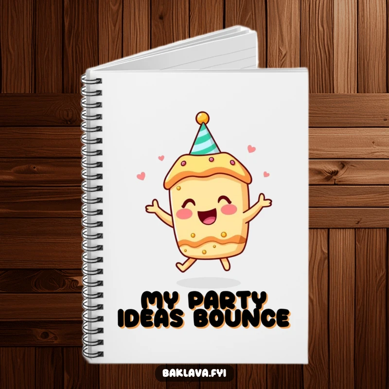 Funny notebook: a baklava character in a party hat bounces with joy, ready for your notes.