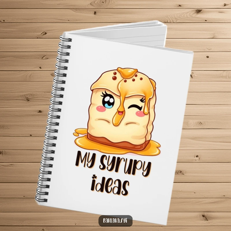 Funny winking baklava notebook with almond eyes, offering syrup, perfect for jotting down creative ideas.