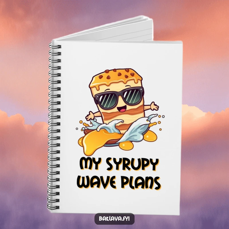Funny notebook: a baklava slice with sunglasses surfs a syrup wave, ready for notes.